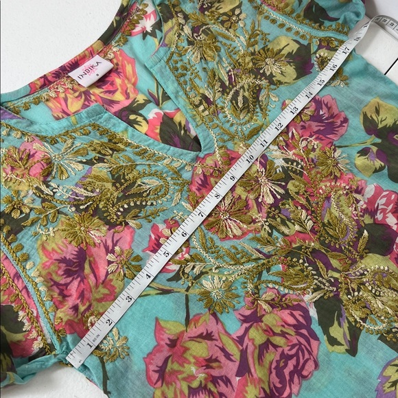 Indika Embroidered Tunic Top Floral V Neck Long Sleeve Light Teal Boho - Picture 6 of 8
